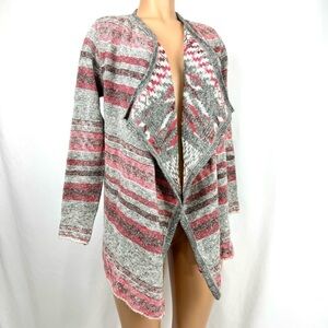 Lucky Brand NWT $148 Women’s Sz S Open Front Cardigan Sweater Striped Grey & Red